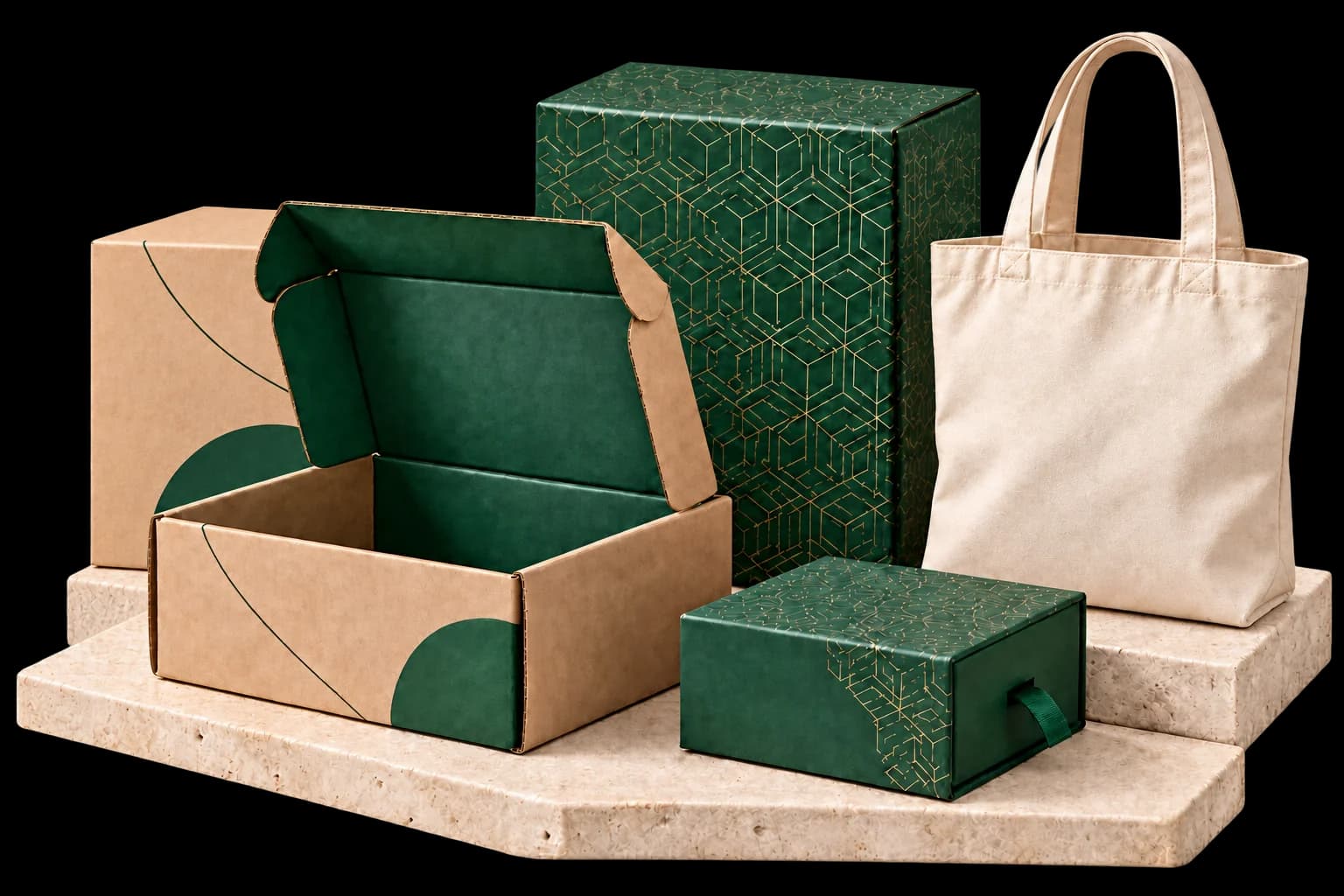Mailer box kraft terbuka, karton kraft, rigid box dan kotak slide hijau tua bermotif hot foil emas, serta tote bag kanvas