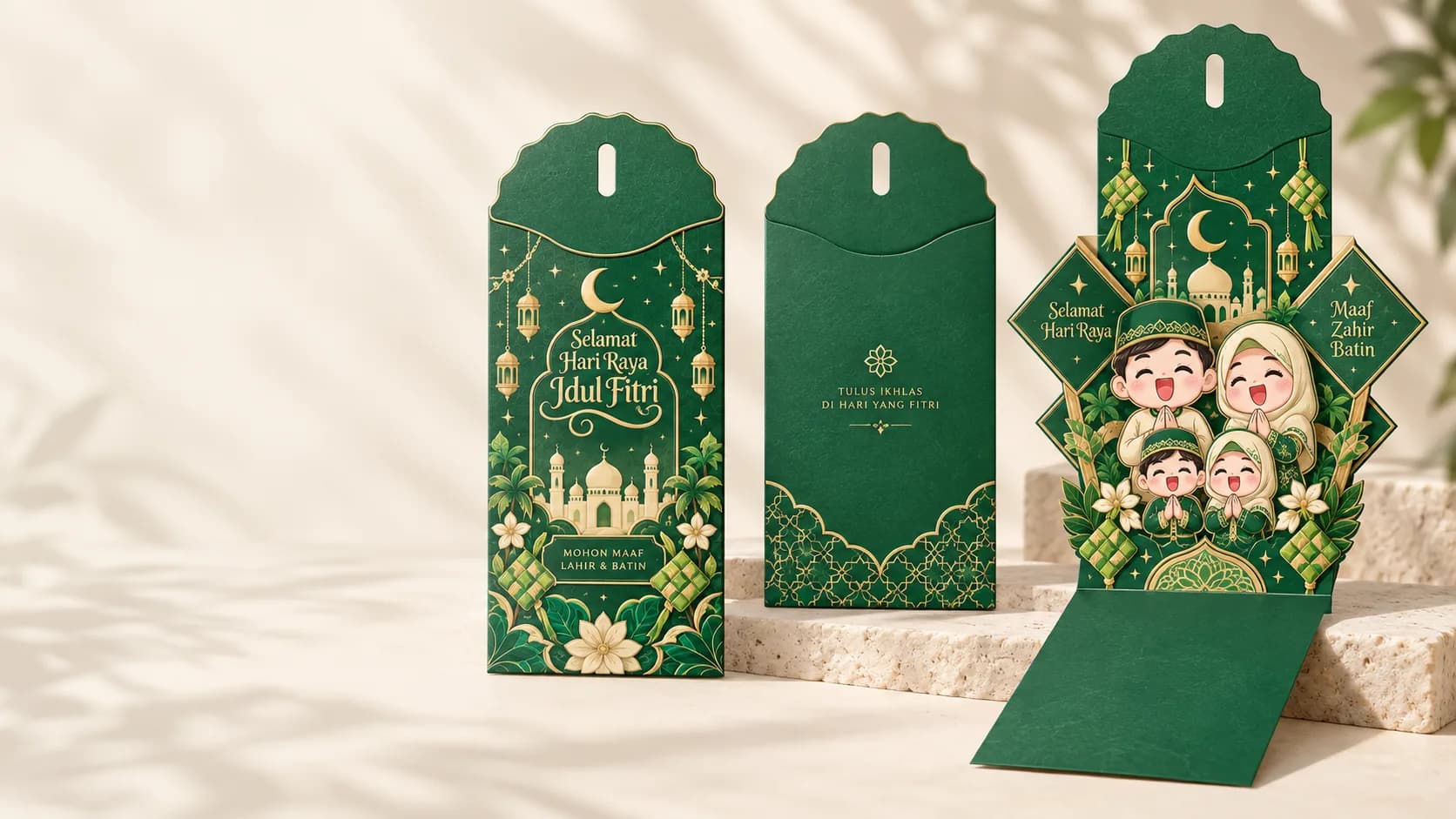 Angpao pop-up Lebaran hijau, tampak depan dan terbuka