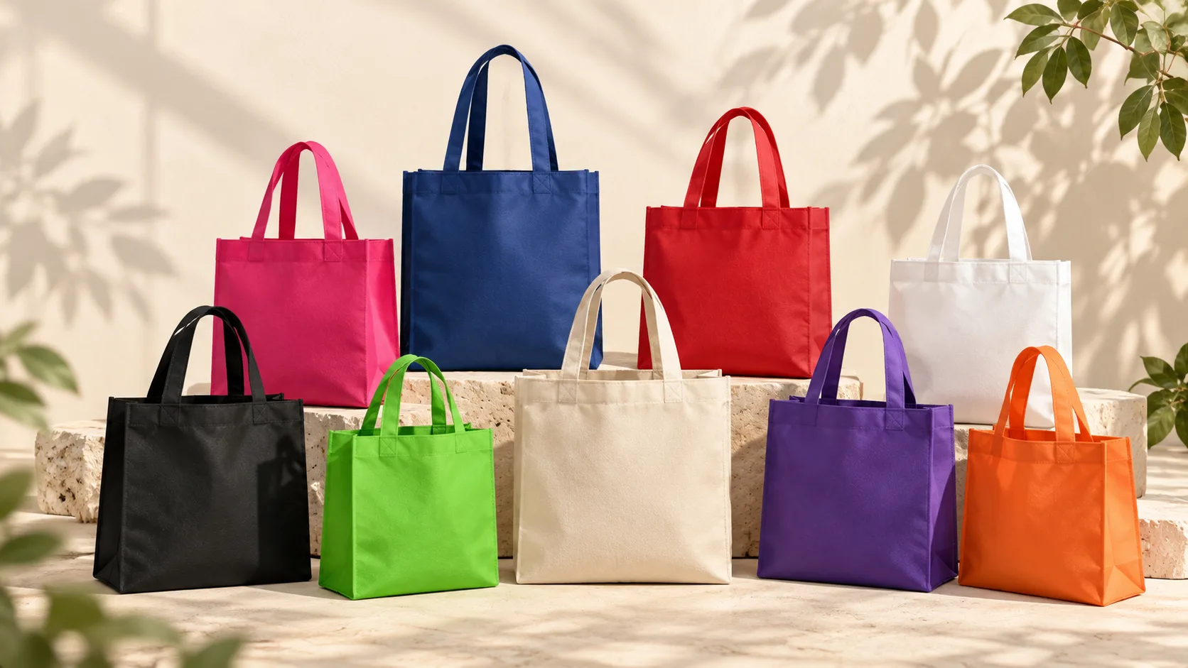 Delapan tas non-woven aneka warna dengan handle jahit, tersusun di atas balok batu