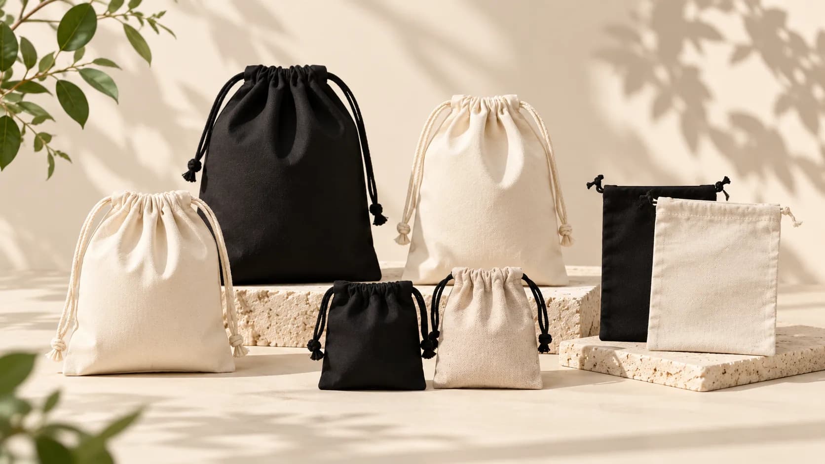 Pouch katun serut hitam dan natural dalam beberapa ukuran