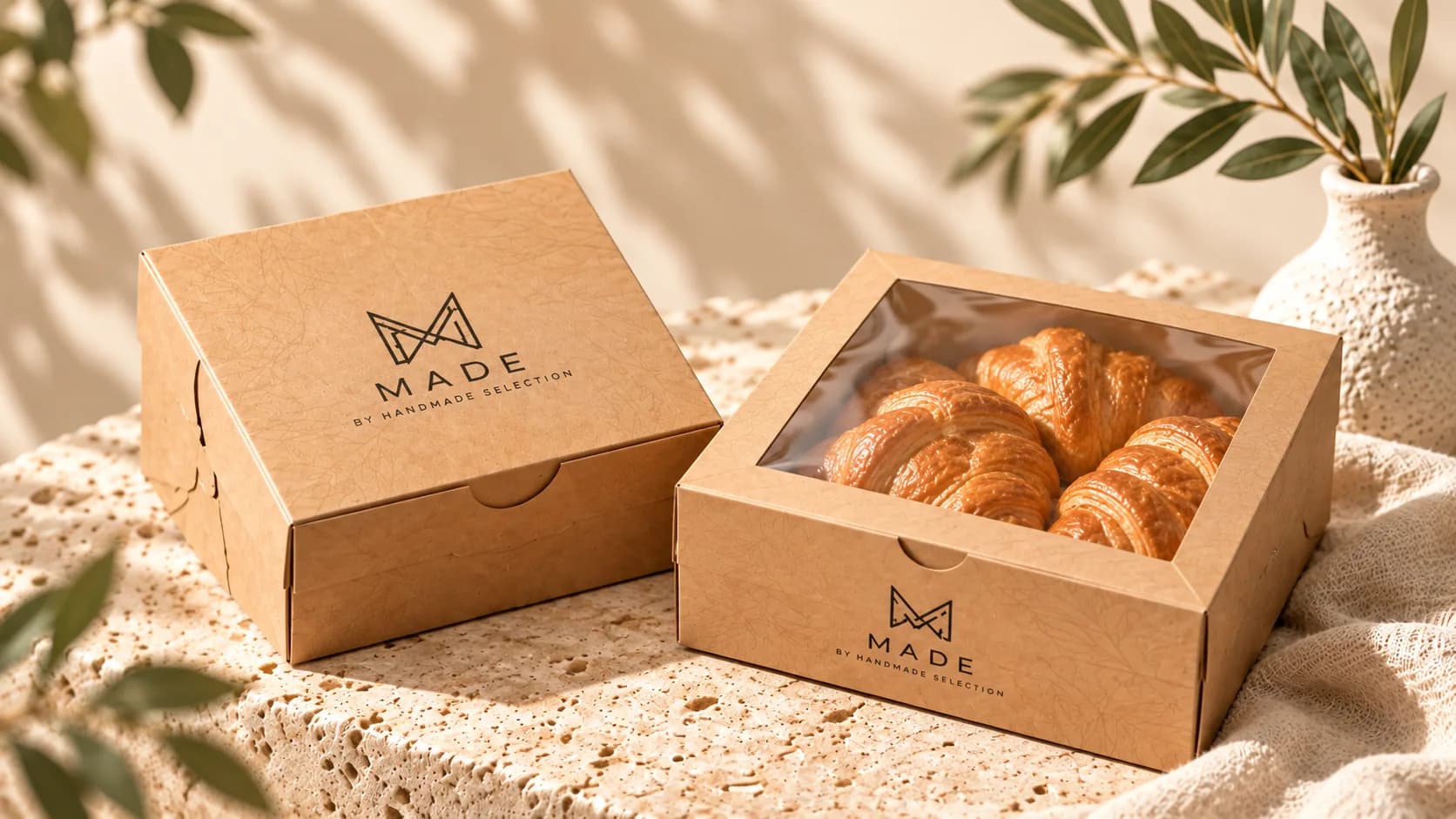 Dua kotak bakery kraft berlogo MADE, satu berjendela berisi croissant, di atas batu travertine