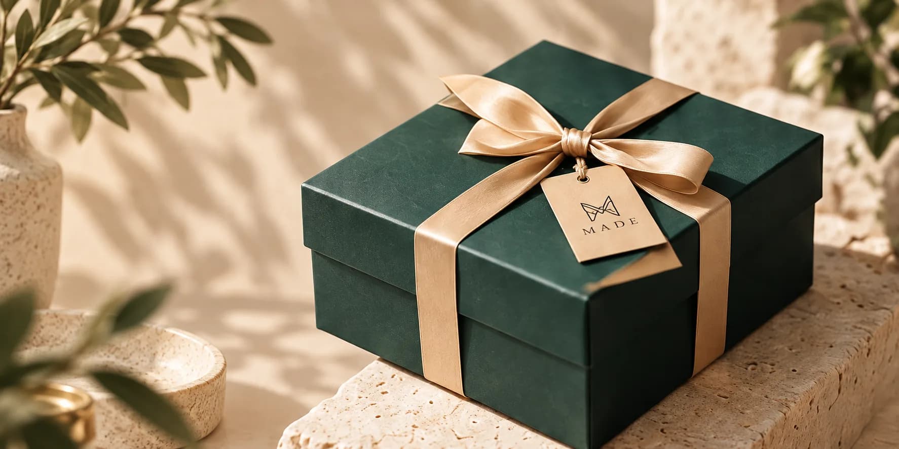 Gift box hijau tua dengan pita satin emas dan tag kraft