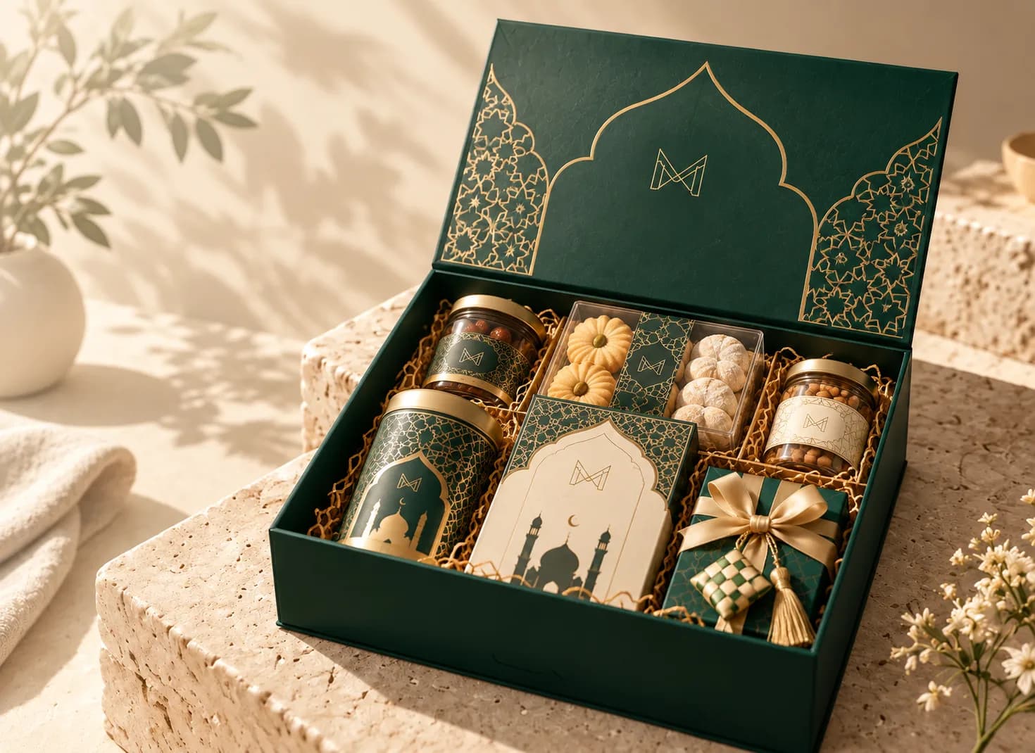 Hampers box Lebaran hijau tua bermotif kubah emas, berisi toples kue, nastar, dan ketupat
