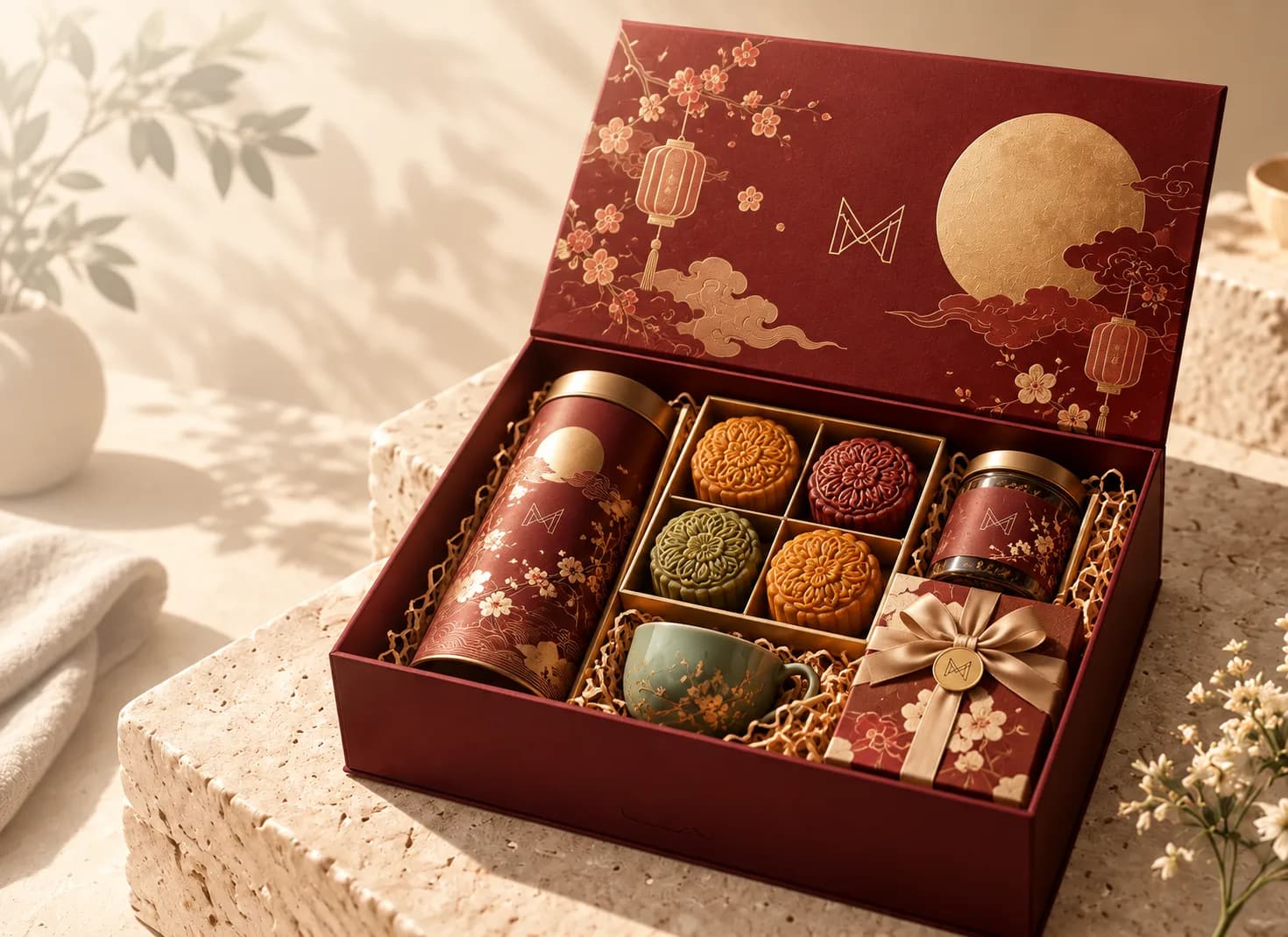 Hampers box Mid-Autumn merah marun bermotif bulan emas, berisi mooncake, tin teh, dan cangkir