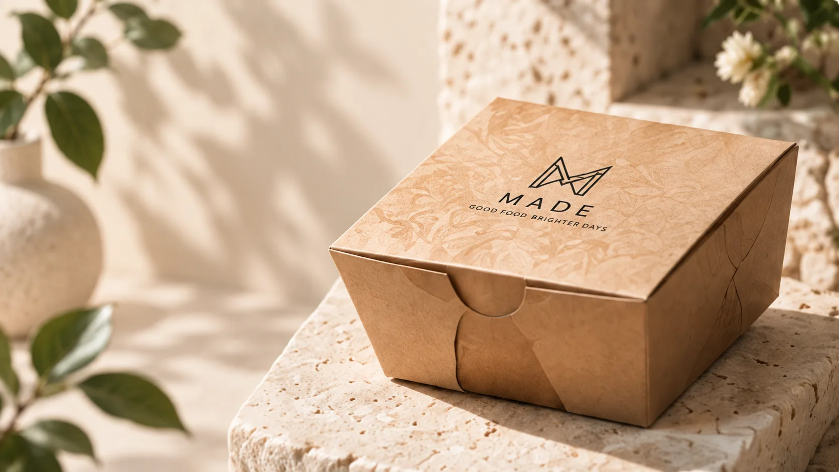 Paper lunch box kraft dengan cetakan logo di atas batu travertine